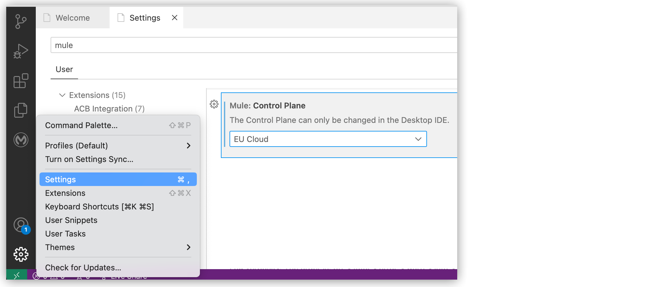 Selecting the EU cloud from Anypoint Code Builder
