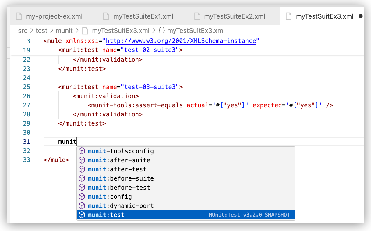 Using autocomplete in the code editor to select the MUnit test element