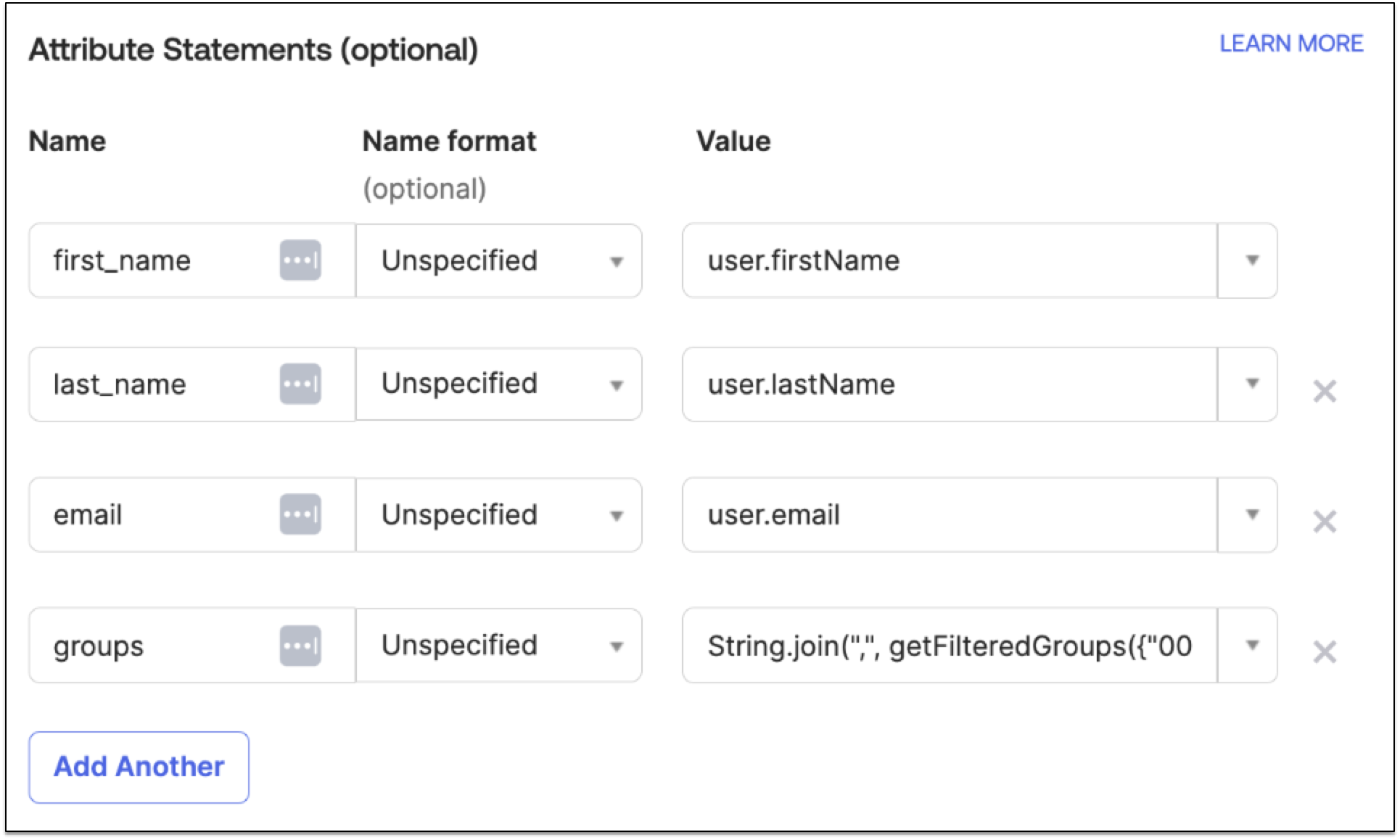 An example of the SAML Attribute Statements