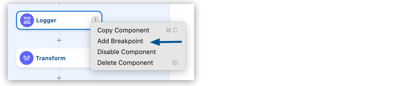 The context menu for the Logger component with an arrow pointing to the Add Breakpoint option