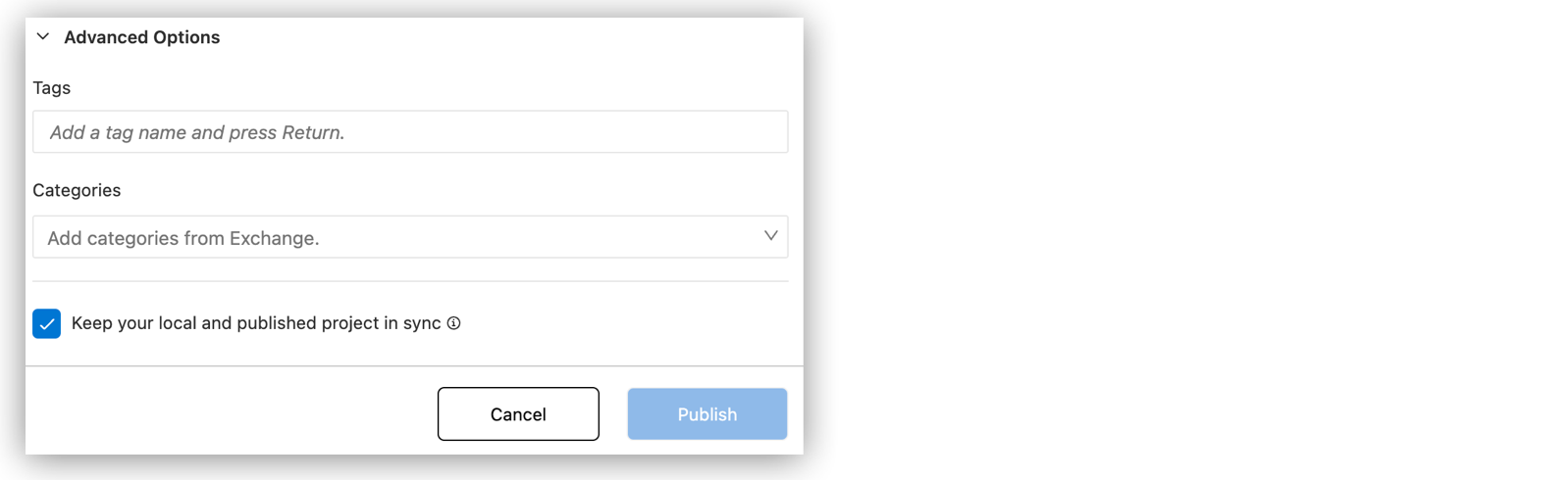 Exchange にプロジェクトをパブリッシュするためのフォーム