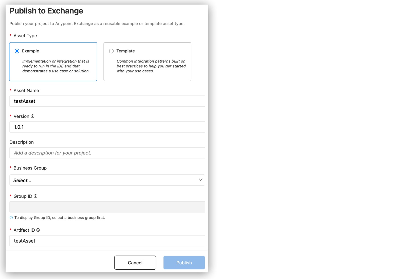 Exchange にプロジェクトをパブリッシュするためのフォーム