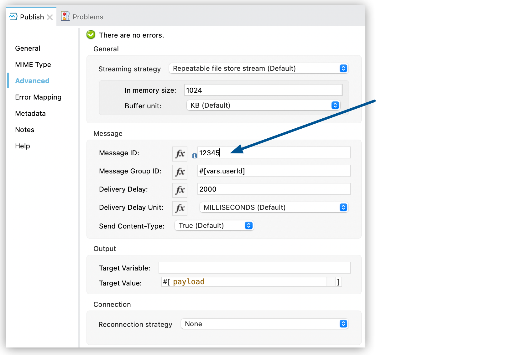 Anypoint MQ Publish の [Advanced (詳細)] タブ - [Message Id (メッセージ ID)]