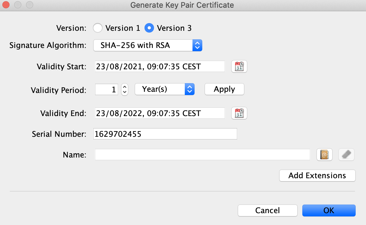 [Generate Key Pair Certificate (キーペア証明書を生成)] ダイアログボックス