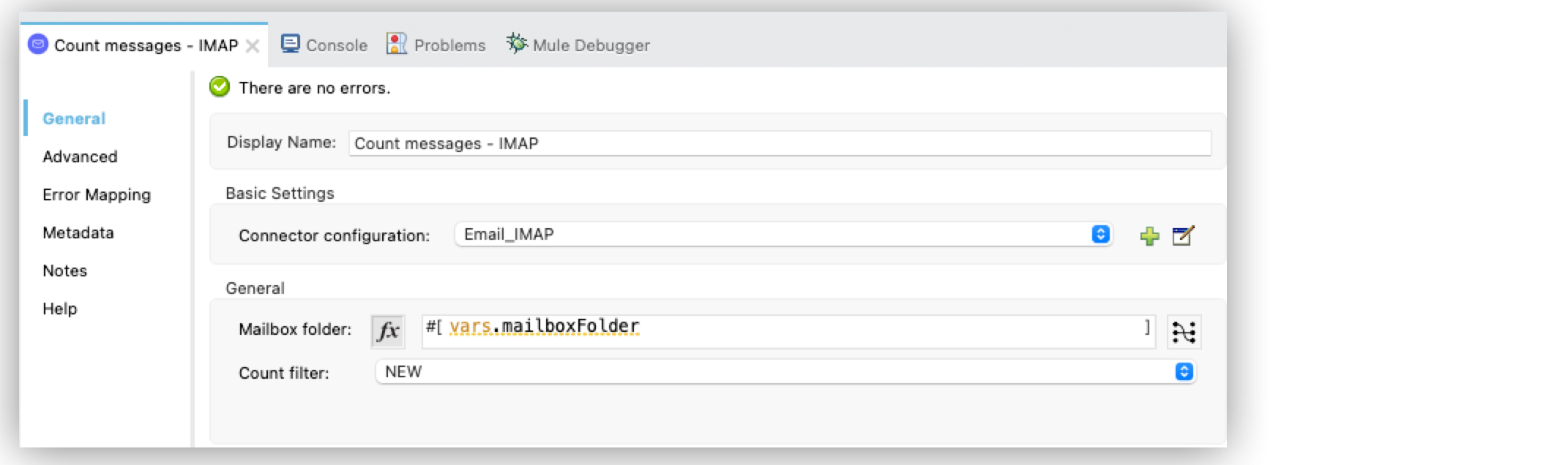 「Count filter (計数検索条件)」 項目が 「NEW」 に設定されている Count messages - IMAP 操作の設定