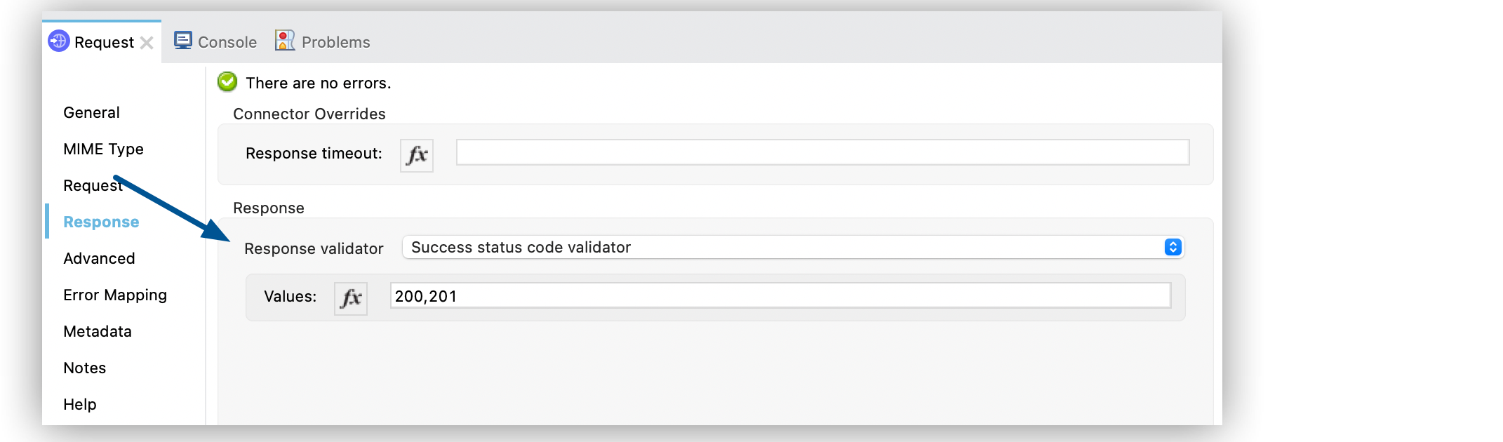 「Success status code validator (成功状況コードバリデーター)」 に設定された 「Response validator (応答バリデーター)」 項目