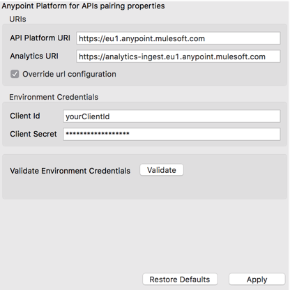 API プラットフォーム、アナリティクス URI、クライアントログイン情報の項目が含まれる Anypoint Platform API ペアリングプロパティを入力するためのフォーム