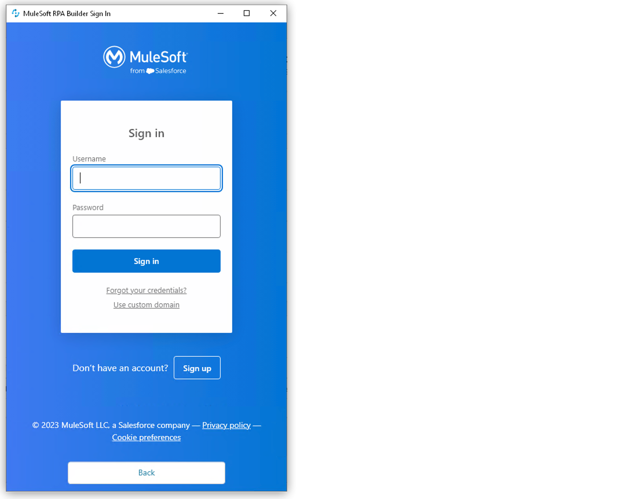 ログイン情報を設定するための Anypoint Platform ログイン画面プロンプト