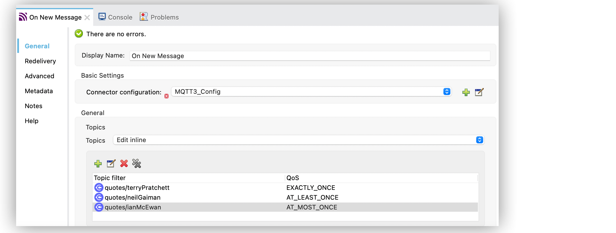 MQTT On New Message source configuration in Studio with Topic filters configured