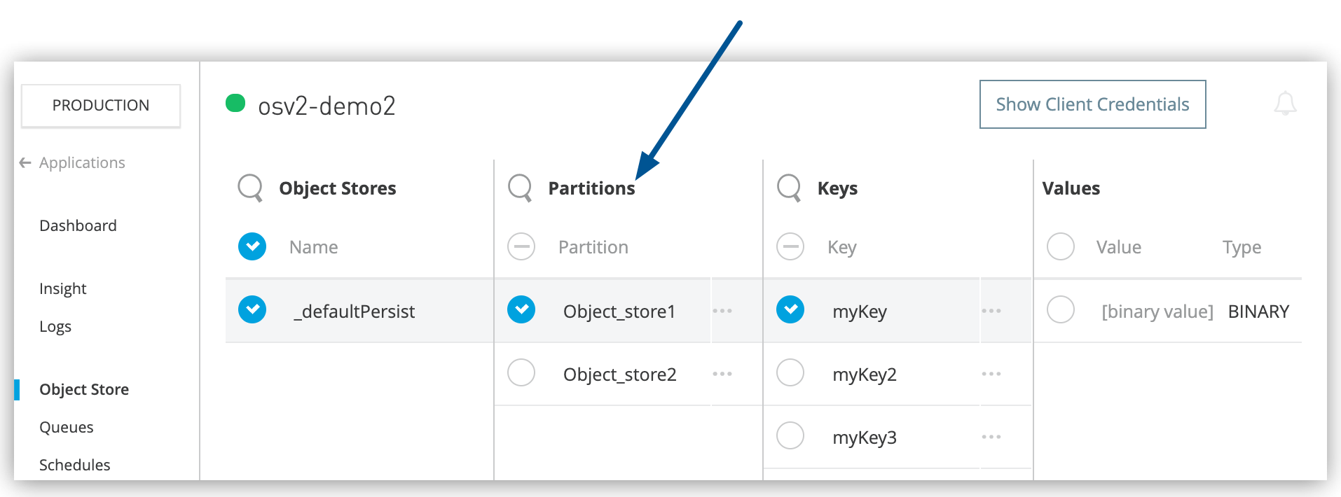 Runtime Manager window showing Partitions in the Object Store page