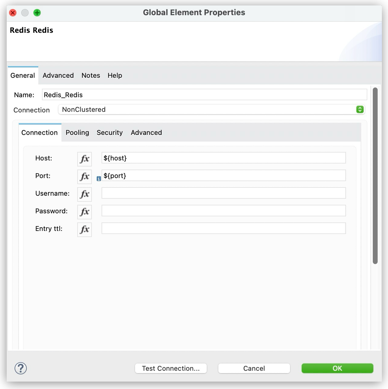Configuration fields for Redis non-clustered connection type