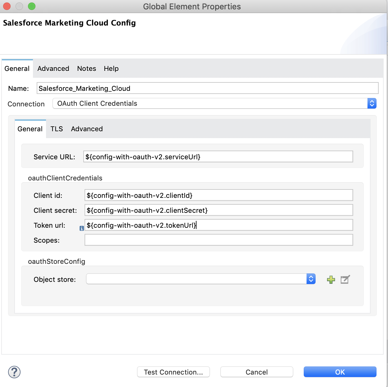 Global element properties window for OAuth Client Credentials